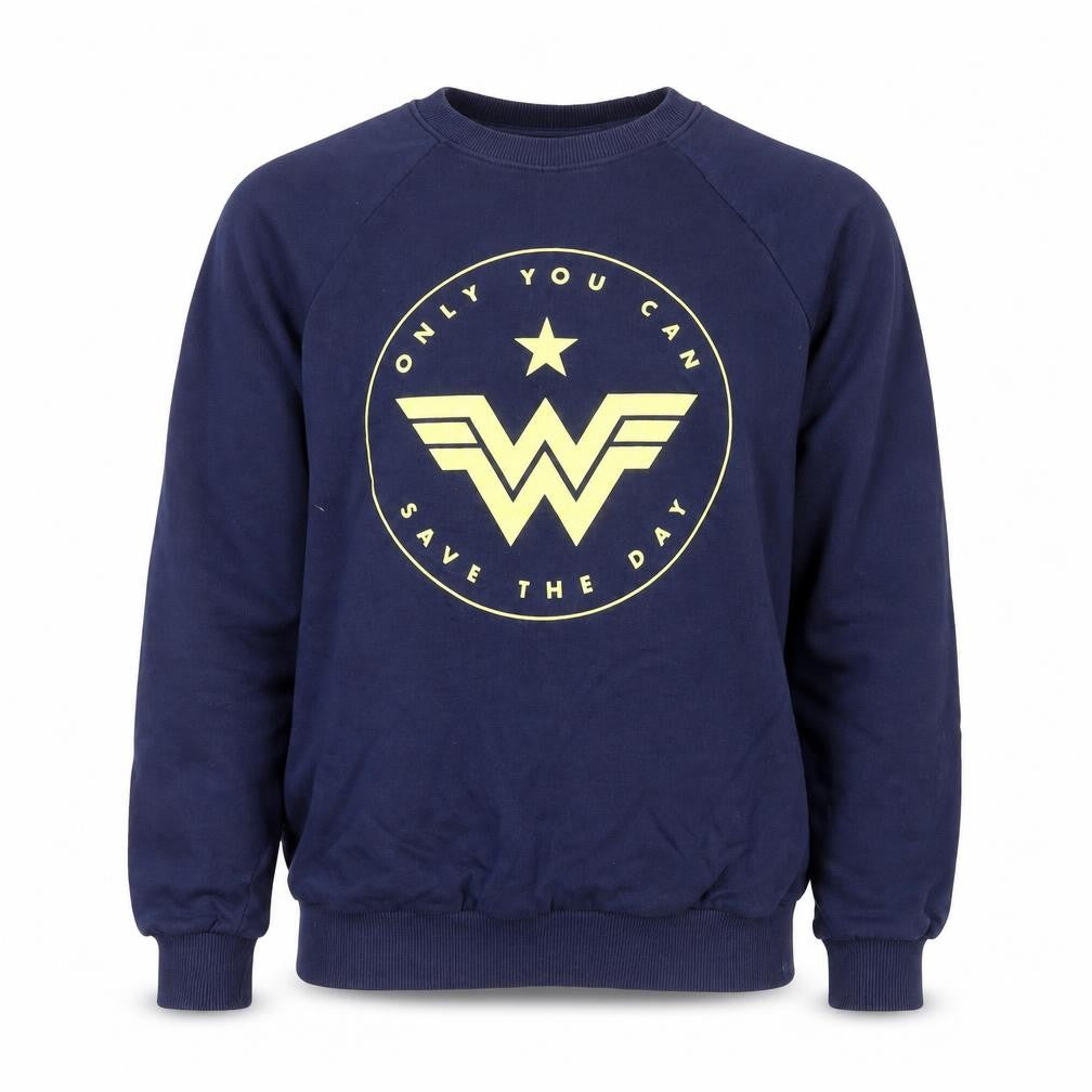 Front view of Wonder Woman unisex blue xs pullover sweatshirt graphic logo