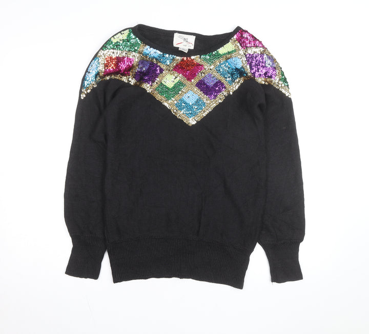 SML Sport LTD Women Black Sequin Geometric Knit Jumper Size S Vintage
