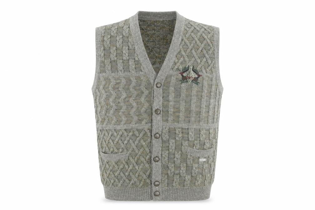 Front view of Steffner Country Men's Grey Wool Cable Knit Vest XL