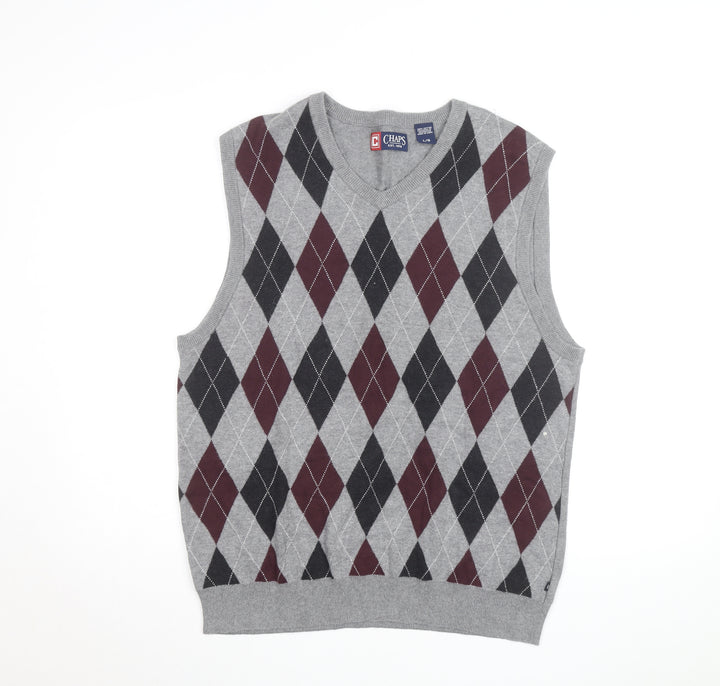 Chaps Men's Grey Argyle Cotton Knit Sleeveless V-Neck Vest L