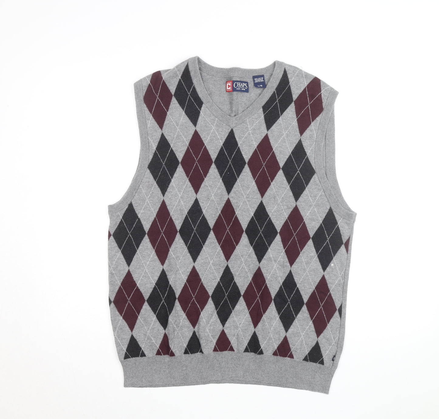 Chaps Men's Grey Argyle Cotton Knit Sleeveless V-Neck Vest L
