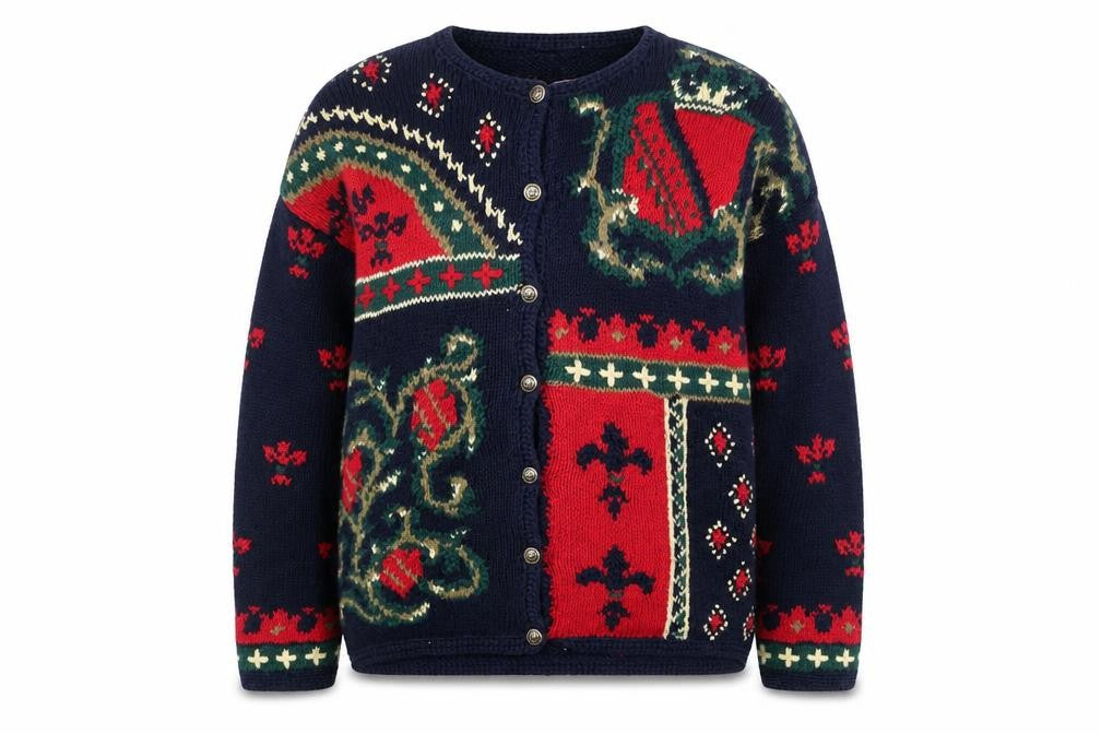 Front view of Talbots unisex multicoloured knit cardigan m retro winter jumper
