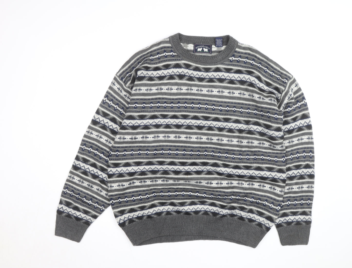 Woods & Gray Mens Grey Fair Isle Acrylic Jumper XL Crew Neck