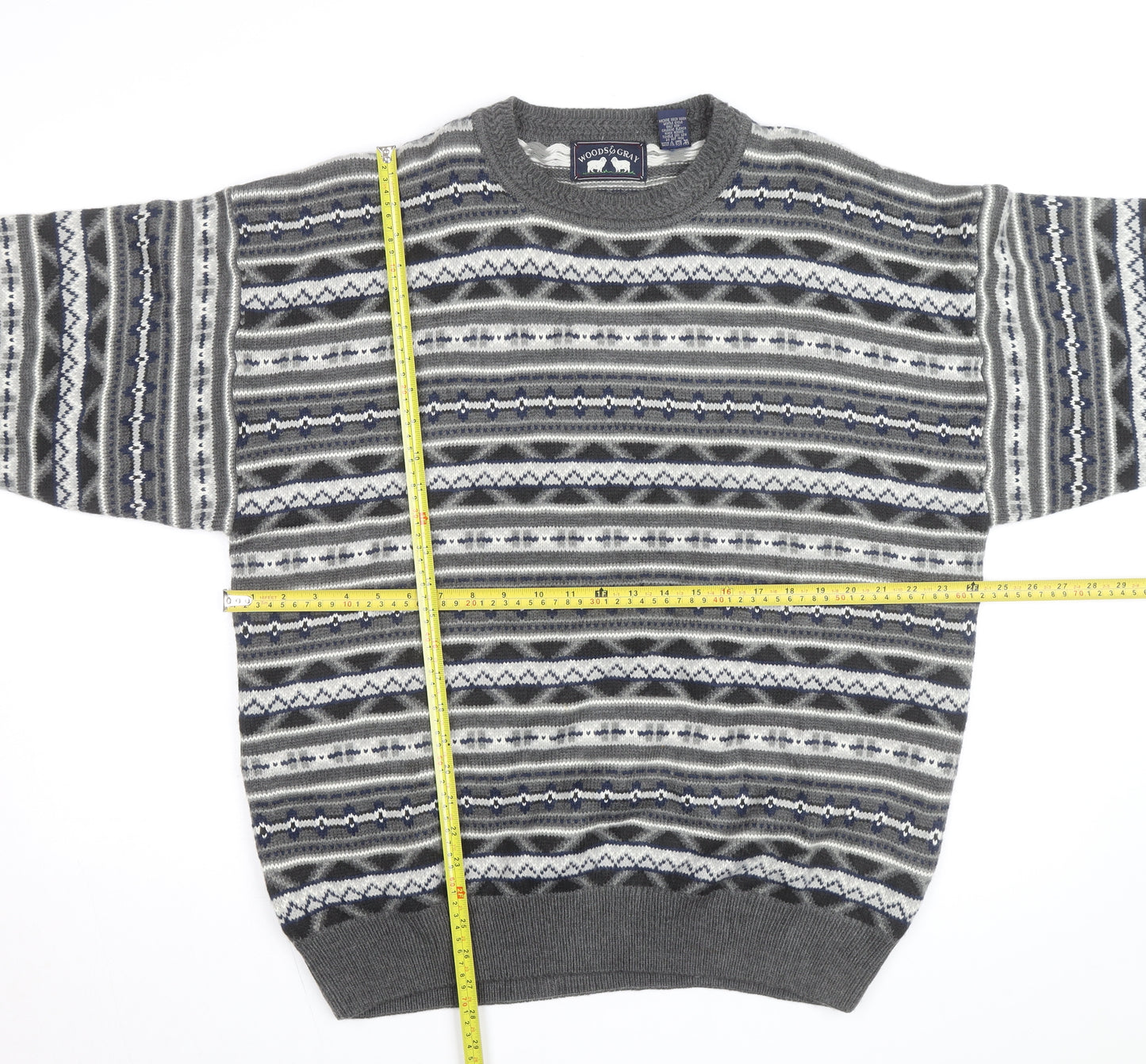 Woods & Gray Mens Grey Fair Isle Acrylic Jumper XL Crew Neck