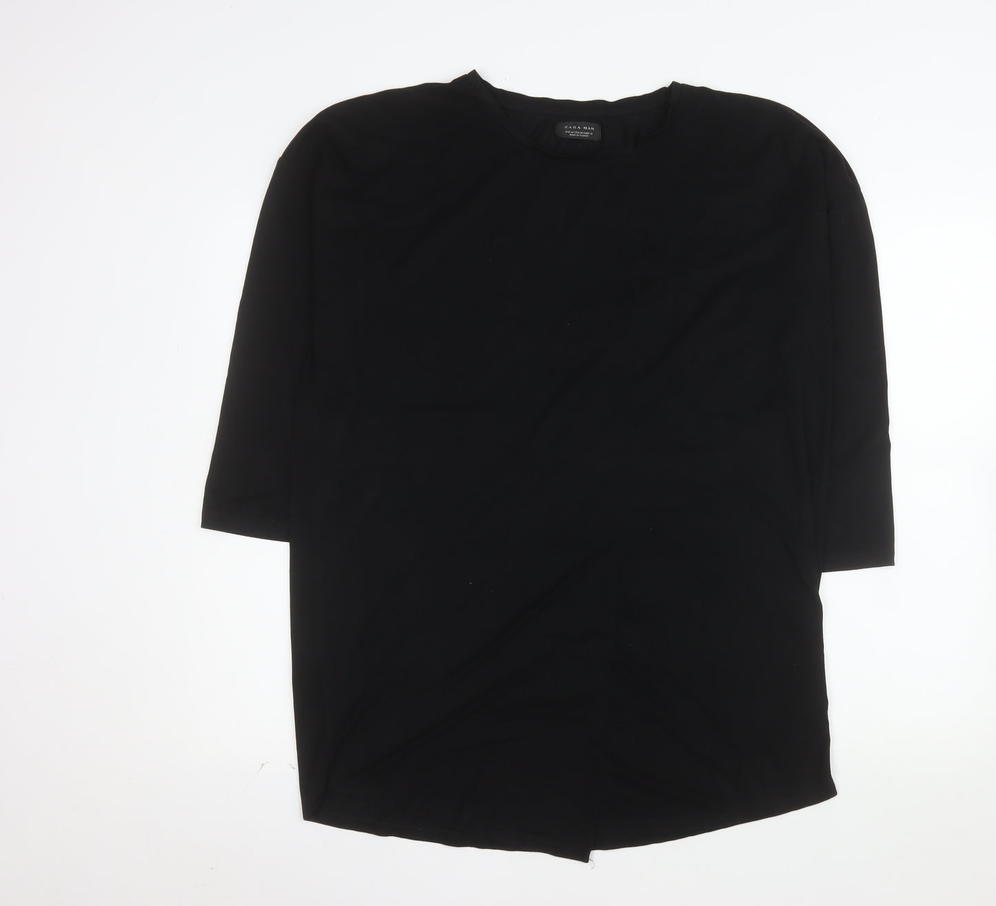 Zara Man Black 3/4 Sleeve Cotton Crew Neck Men's T-Shirt M