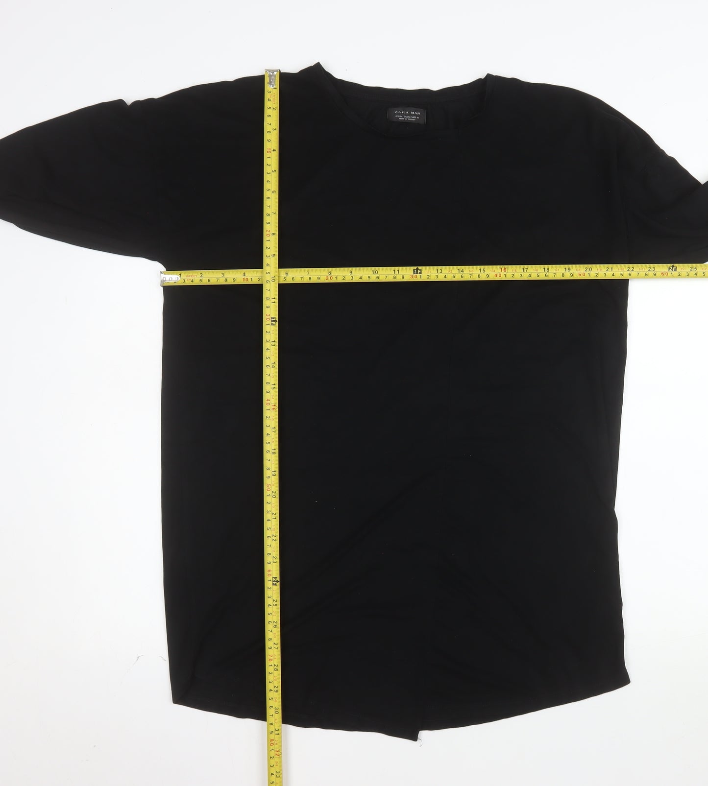 Zara Man Black 3/4 Sleeve Cotton Crew Neck Men's T-Shirt M