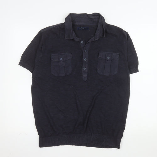 Next Men's Blue Linen Blend Henley Jumper Large Short Sleeve