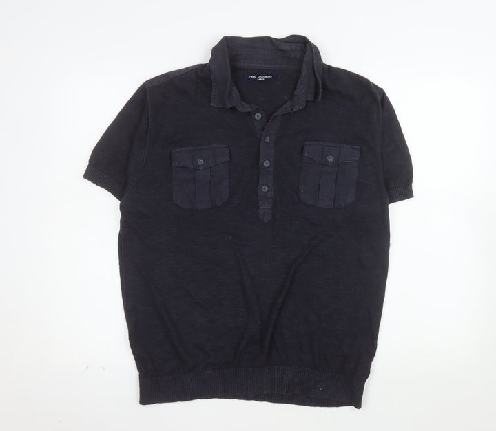 Next Men's Blue Linen Blend Henley Jumper Large Short Sleeve