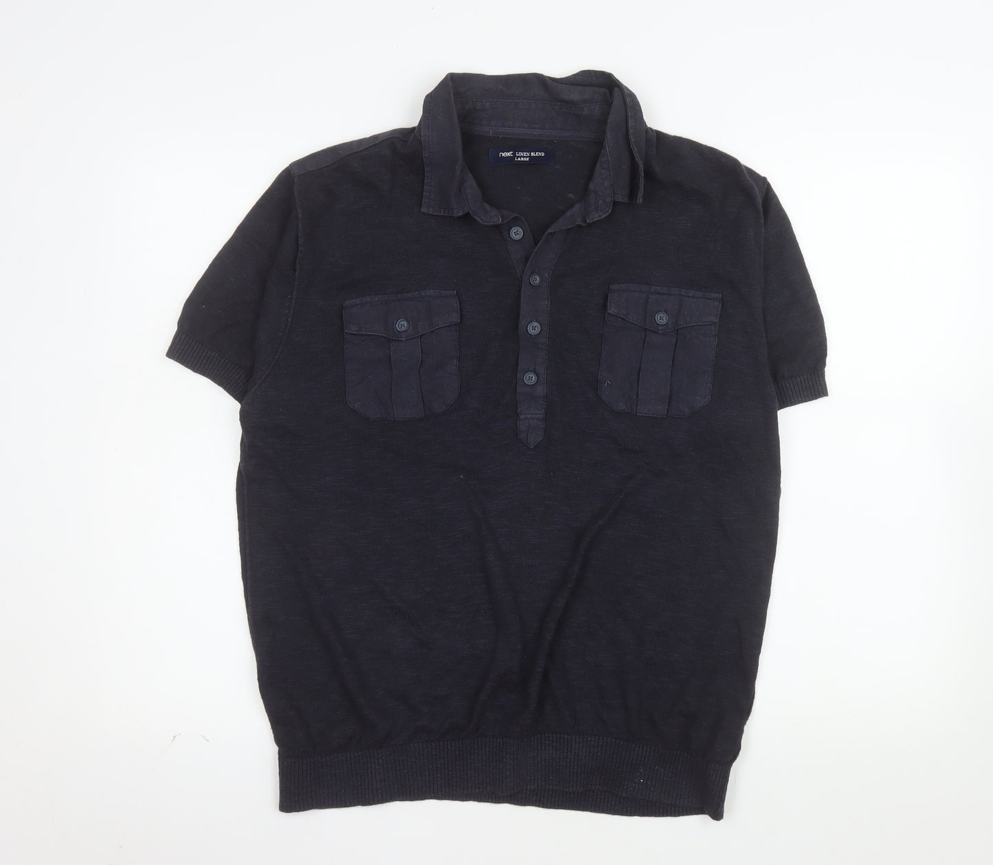 Next Men's Blue Linen Blend Henley Jumper Large Short Sleeve
