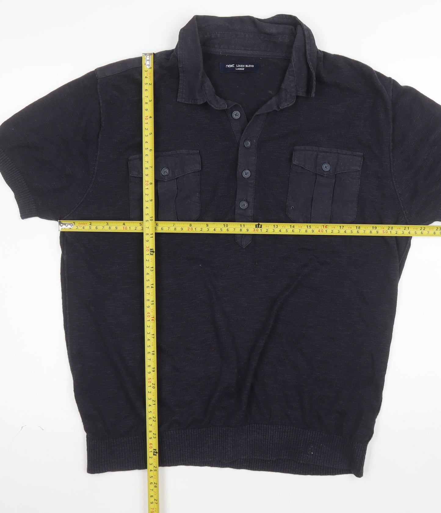 Next Men's Blue Linen Blend Henley Jumper Large Short Sleeve