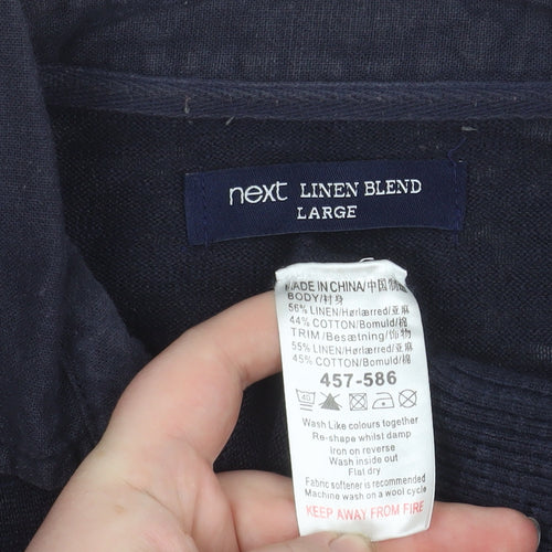Next Men's Blue Linen Blend Henley Jumper Large Short Sleeve
