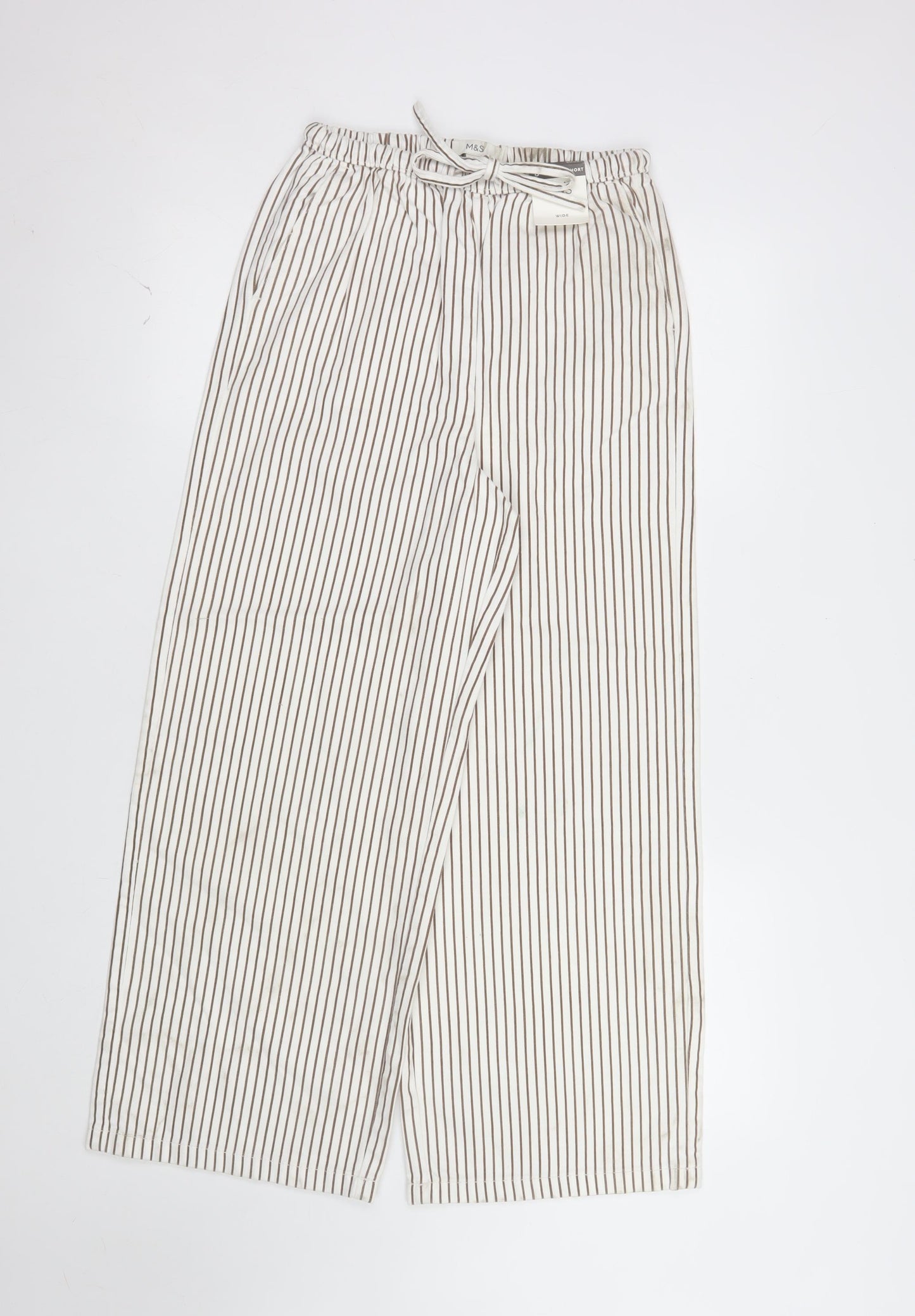 Marks and Spencer Women’s White Striped Wide-Leg Trousers Size 8 Short