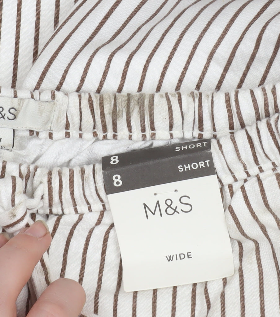 Marks and Spencer Women’s White Striped Wide-Leg Trousers Size 8 Short