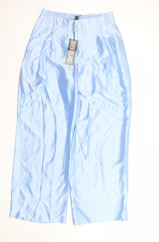 River Island Womens Blue Wide-Leg Cropped Pleated Satin Trousers Size 10