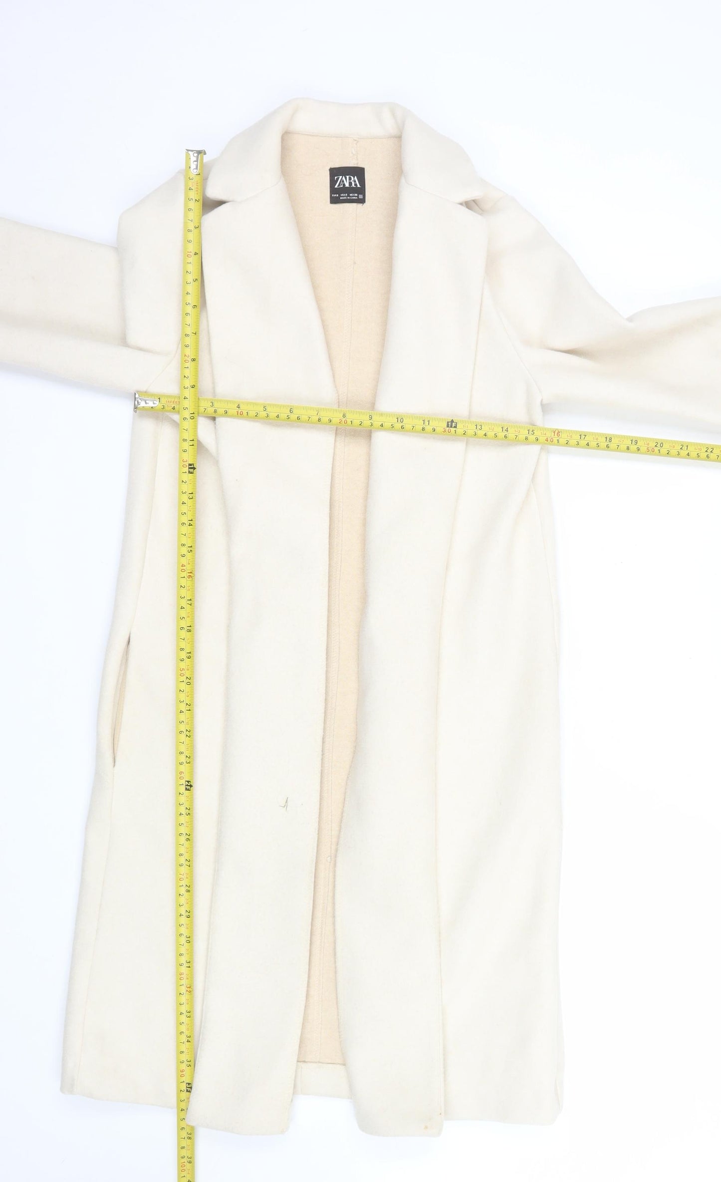 ZARA Women Ivory Wool Blend Long Overcoat Size S Classic Style