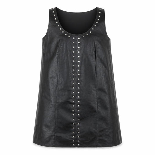 Front view of Marks & Spencer Women's Black Petite, size 8, Studded Faux Leather Shift Dress