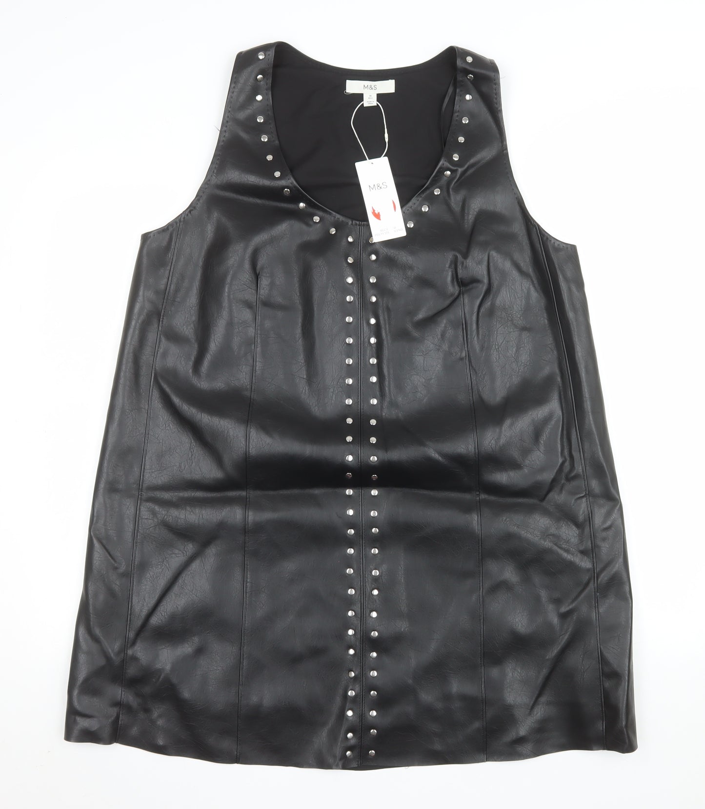 Marks and Spencer Women's Black Studded Faux Leather Shift Dress Size 16
