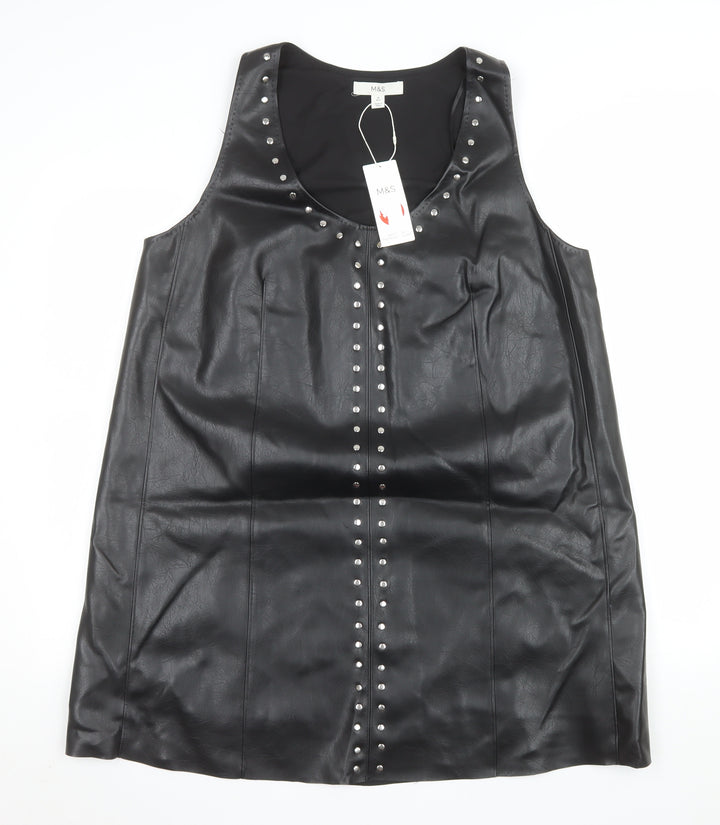 Marks and Spencer Women's Black Studded Faux Leather Shift Dress Size 16