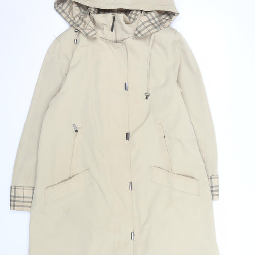 Jacques Vert Women Beige Rain Coat Hooded Long Check Lined Size M