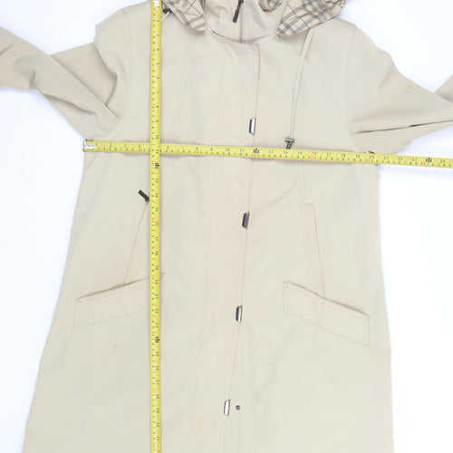 Jacques Vert Women Beige Rain Coat Hooded Long Check Lined Size M