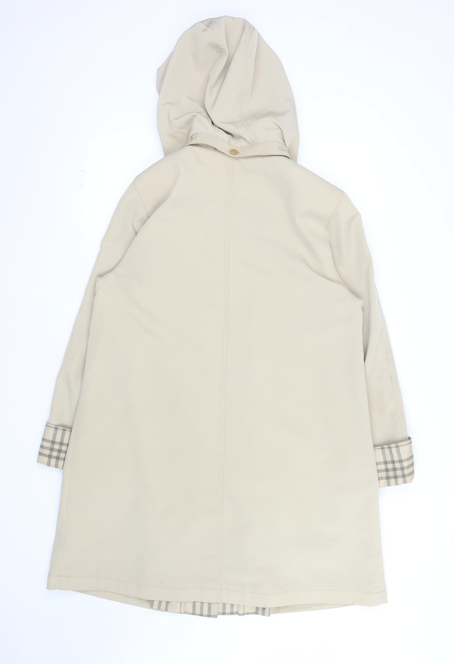 Jacques Vert Women Beige Rain Coat Hooded Long Check Lined Size M