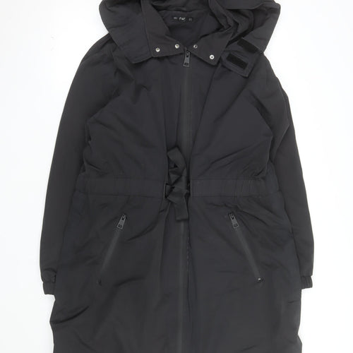 F&F Women’s Black Long Hooded Parka Coat UK 16 Belted Water Resistant