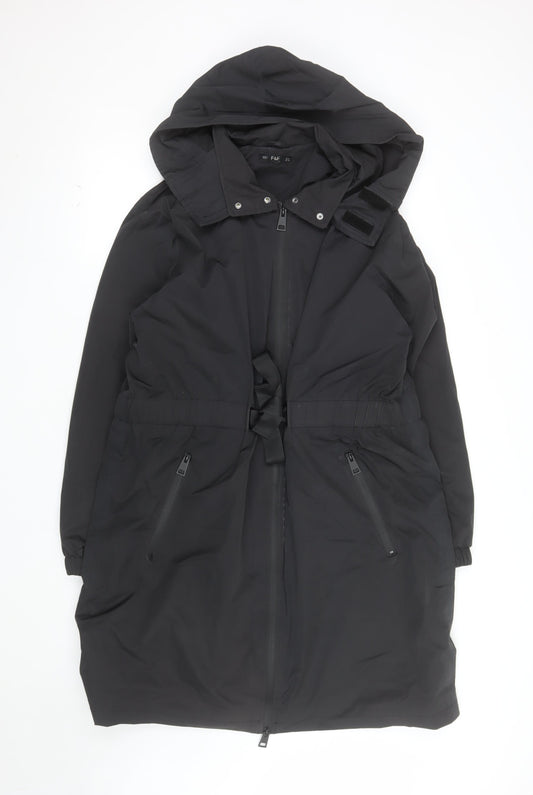 F&F Women’s Black Long Hooded Parka Coat UK 16 Belted Water Resistant