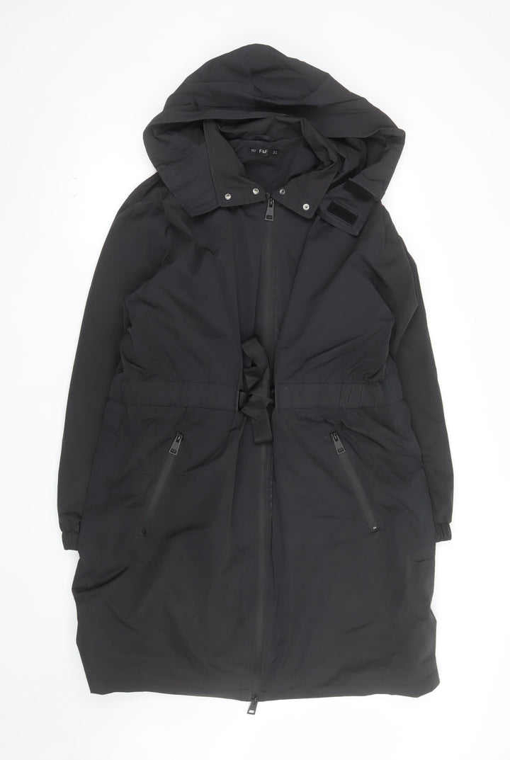 F&F Women’s Black Long Hooded Parka Coat UK 16 Belted Water Resistant