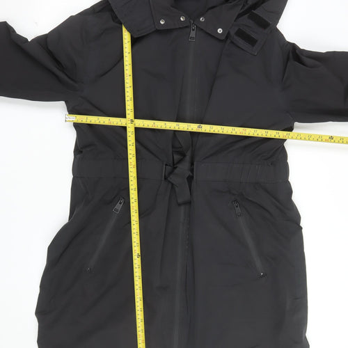 F&F Women’s Black Long Hooded Parka Coat UK 16 Belted Water Resistant