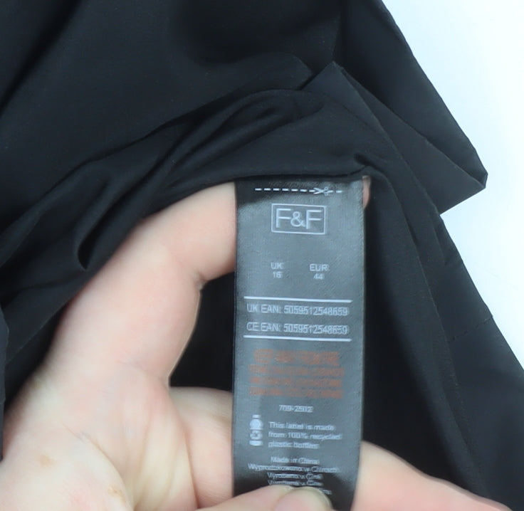 F&F Women’s Black Long Hooded Parka Coat UK 16 Belted Water Resistant