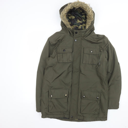 BHS Boys Green Hooded Parka Coat Age 13-14 Years Faux Fur Trim Winter Jacket