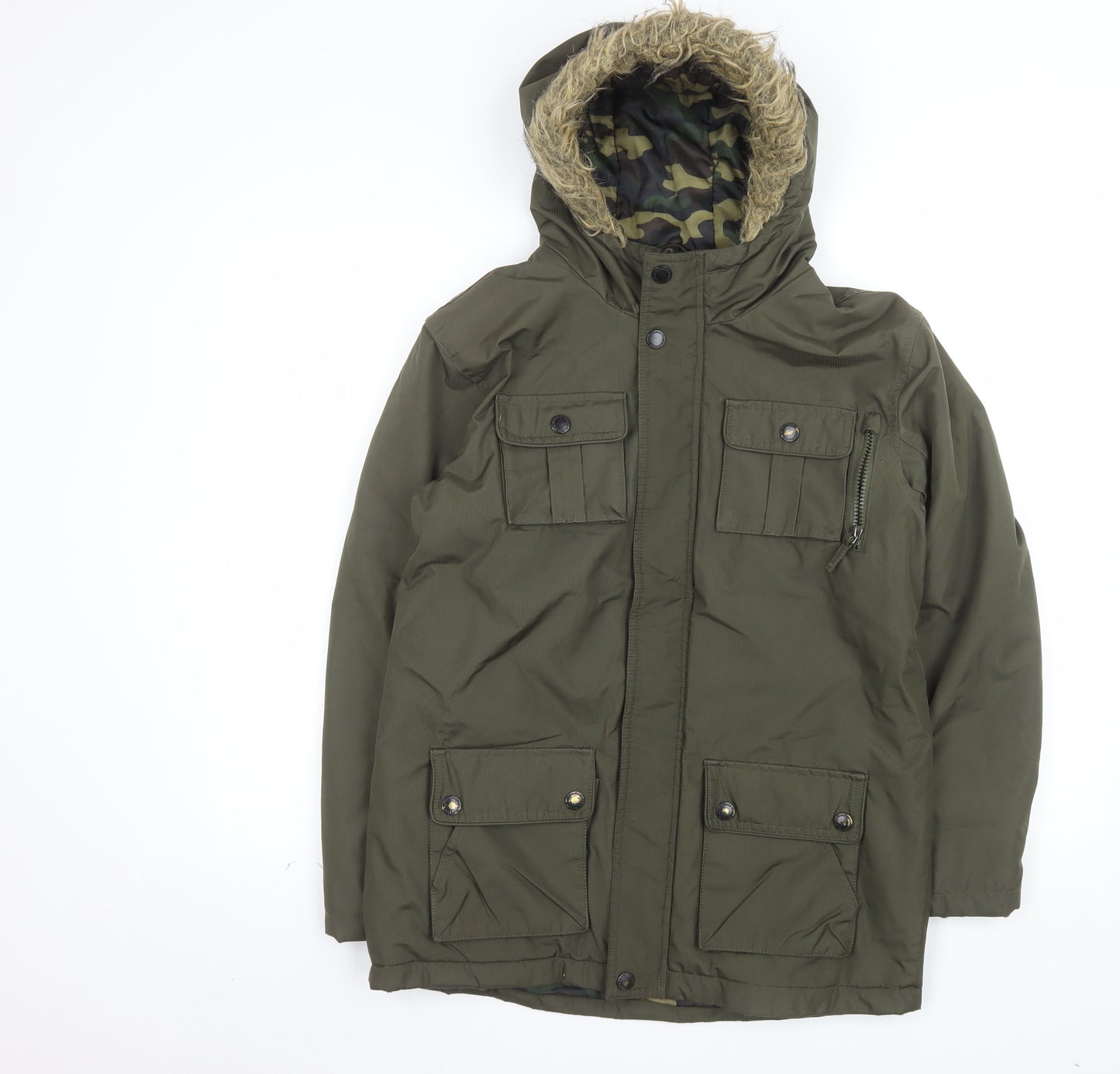 BHS Boys Green Hooded Parka Coat Age 13-14 Years Faux Fur Trim Winter Jacket