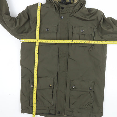 BHS Boys Green Hooded Parka Coat Age 13-14 Years Faux Fur Trim Winter Jacket