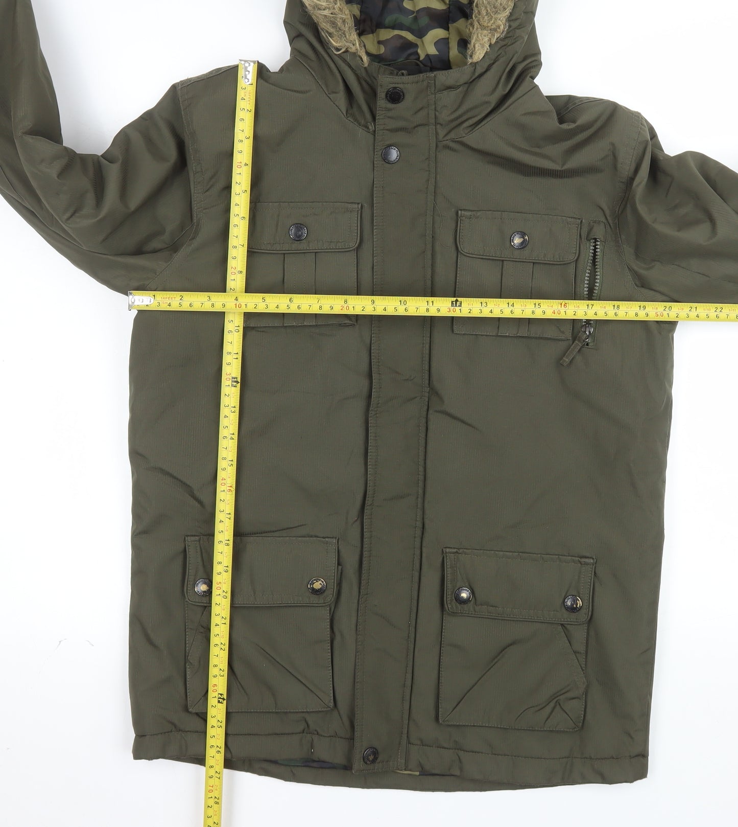 BHS Boys Green Hooded Parka Coat Age 13-14 Years Faux Fur Trim Winter Jacket