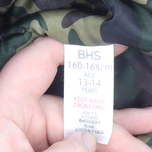 BHS Boys Green Hooded Parka Coat Age 13-14 Years Faux Fur Trim Winter Jacket