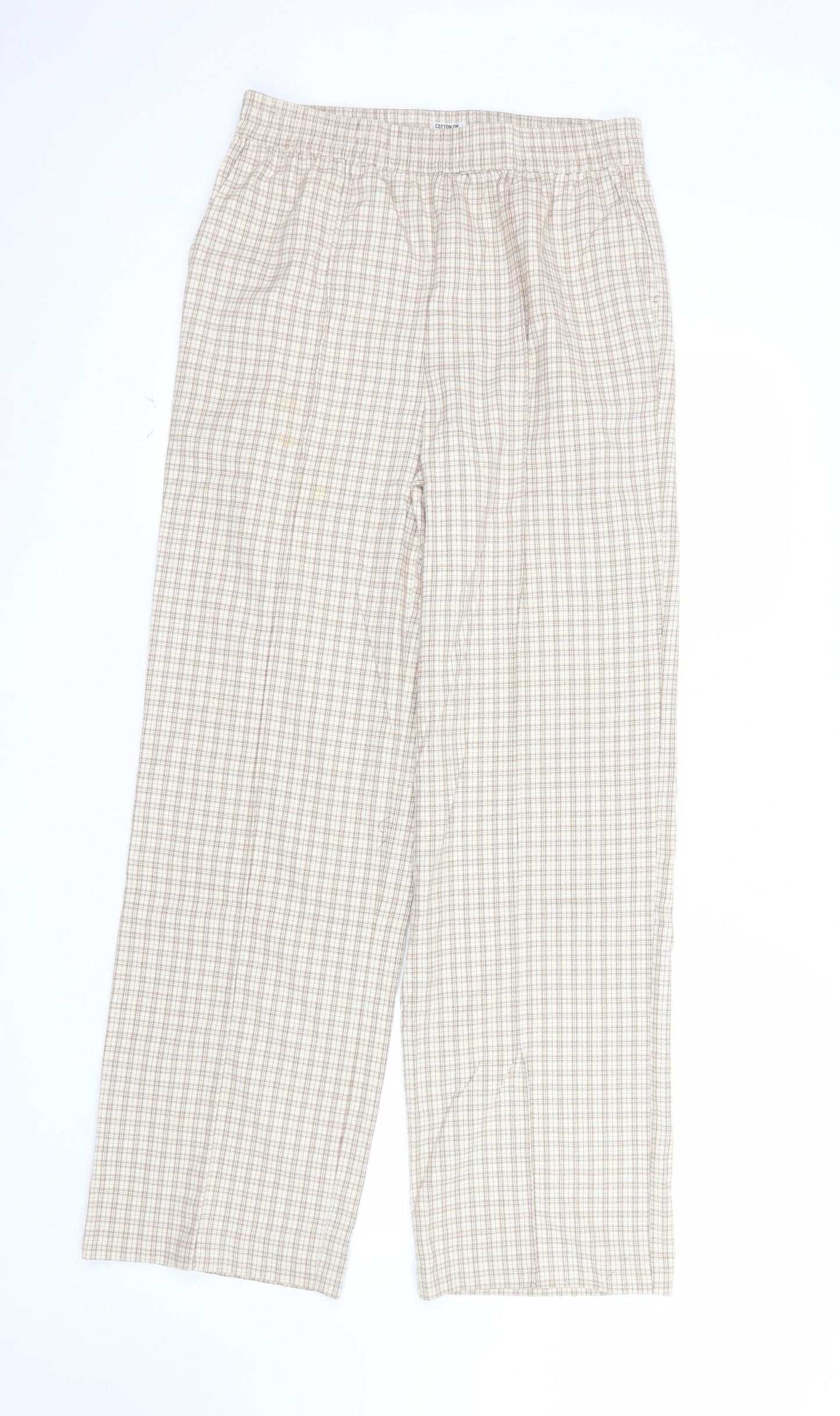 Cotton On Women's Beige Check Elastic Waist Straight Trousers Size 10