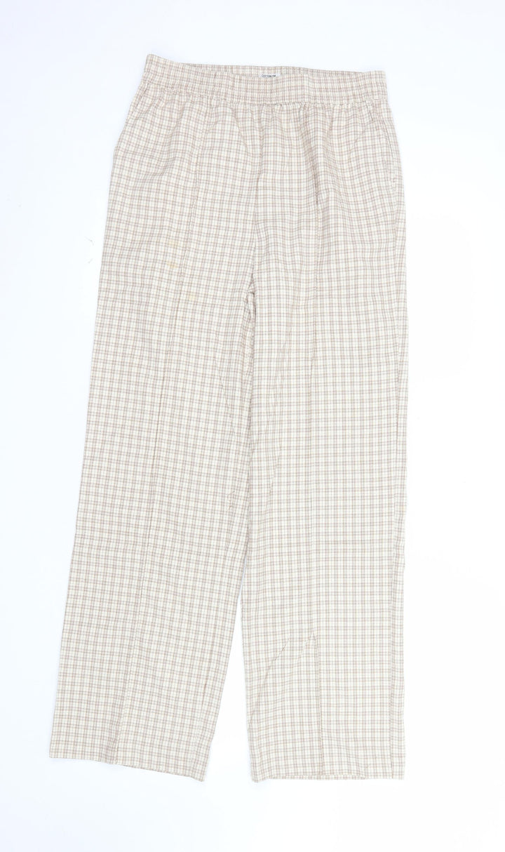 Cotton On Women's Beige Check Elastic Waist Straight Trousers Size 10