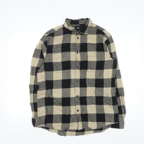 H&M Men's Beige Check Flannel Button-Up Shirt Long Sleeve M