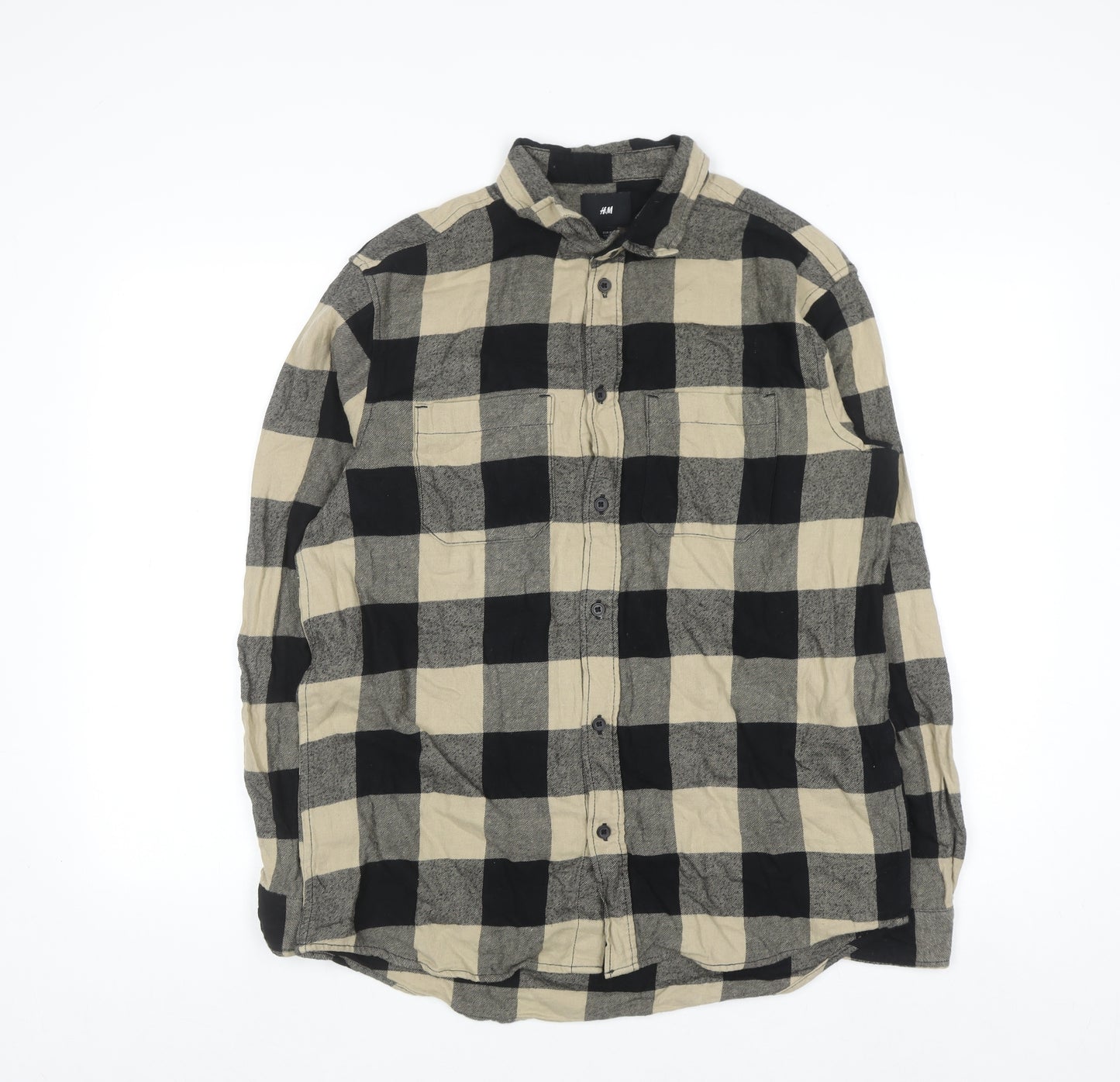 H&M Men's Beige Check Flannel Button-Up Shirt Long Sleeve M
