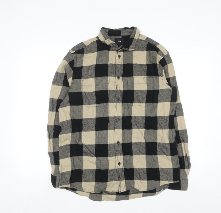H&M Men's Beige Check Flannel Button-Up Shirt Long Sleeve M