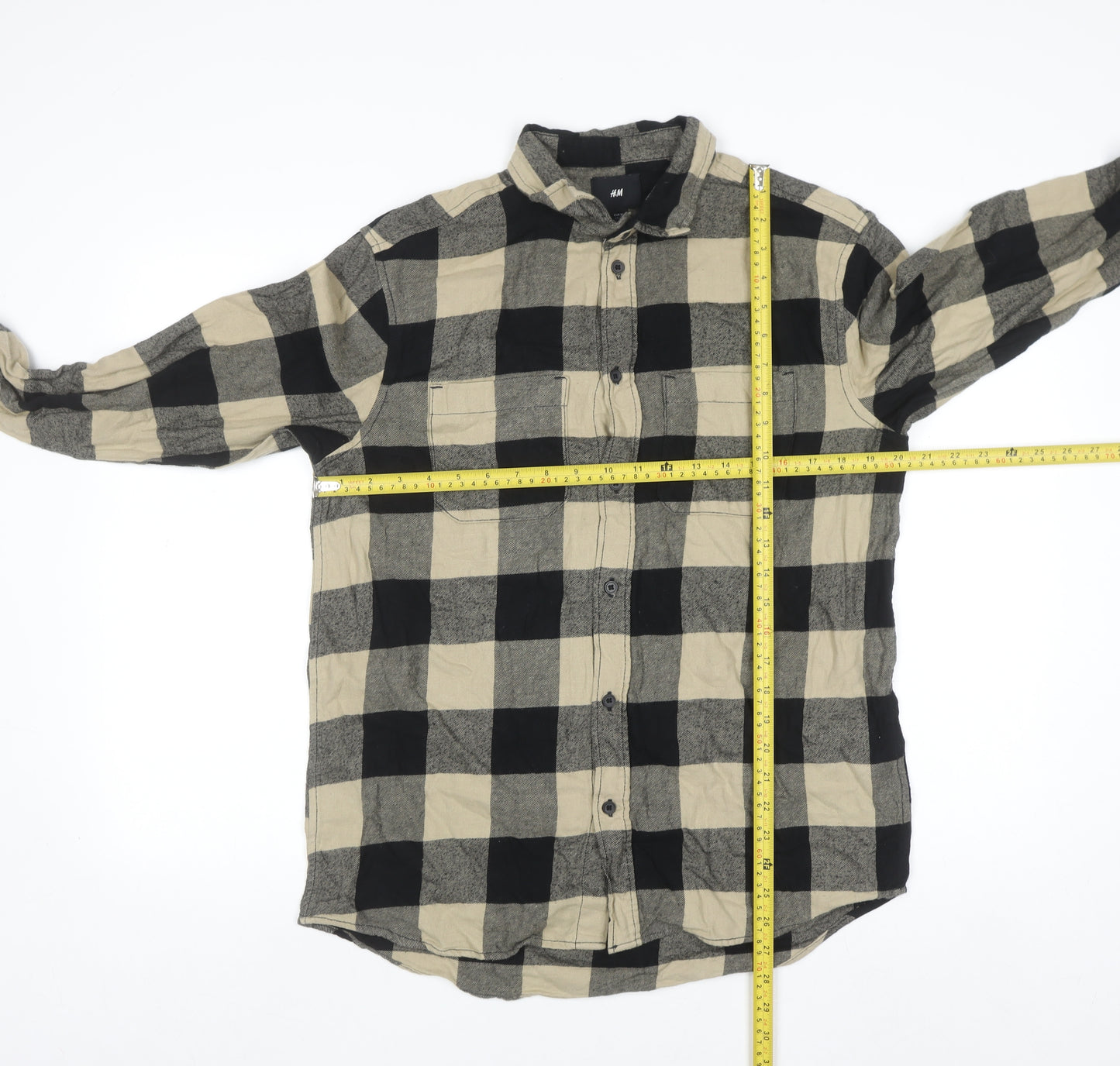 H&M Men's Beige Check Flannel Button-Up Shirt Long Sleeve M