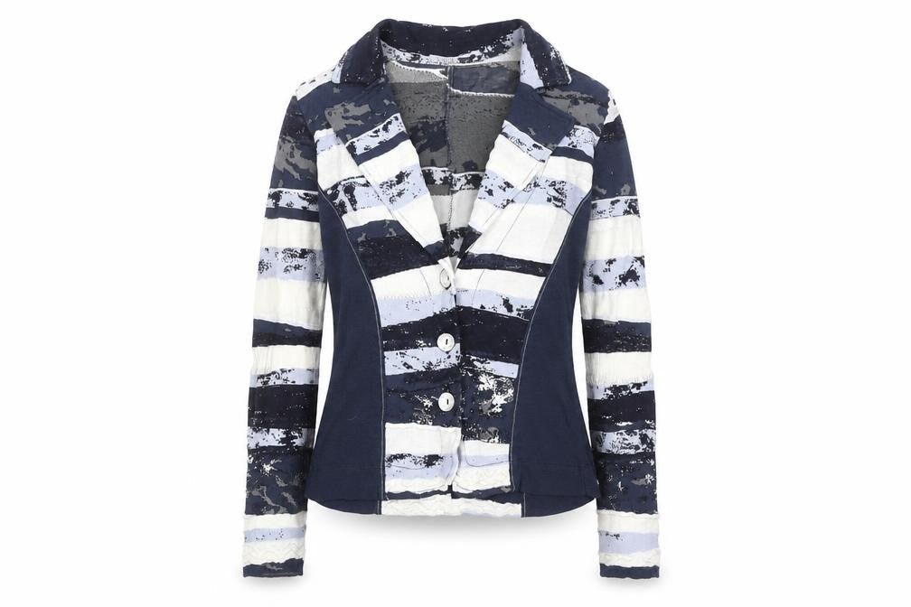 Front view of Aldo Martin’s Women Blue Striped Collared Cardigan, size 8