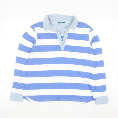 Marks and Spencer Women's Blue Striped Cotton Long Sleeve Polo Shirt Size 14