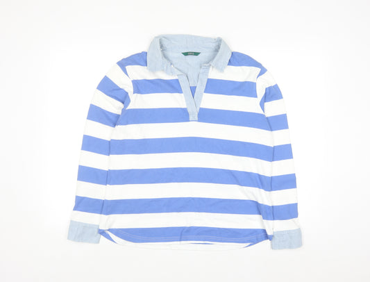 Marks and Spencer Women's Blue Striped Cotton Long Sleeve Polo Shirt Size 14