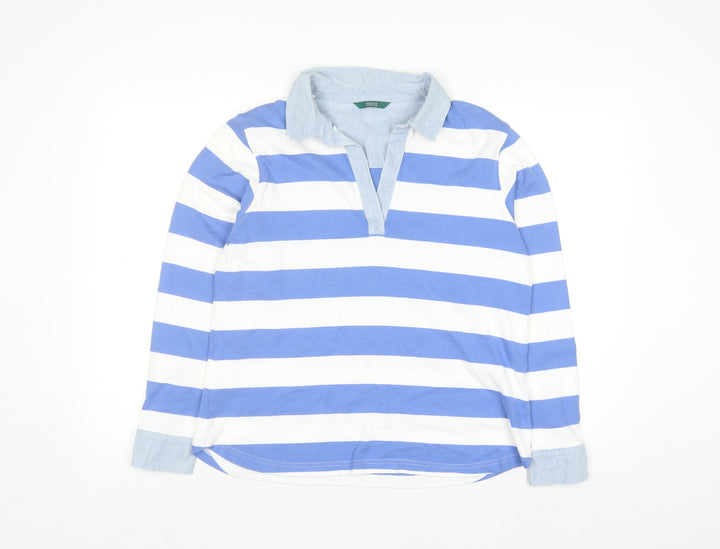 Marks and Spencer Women's Blue Striped Cotton Long Sleeve Polo Shirt Size 14