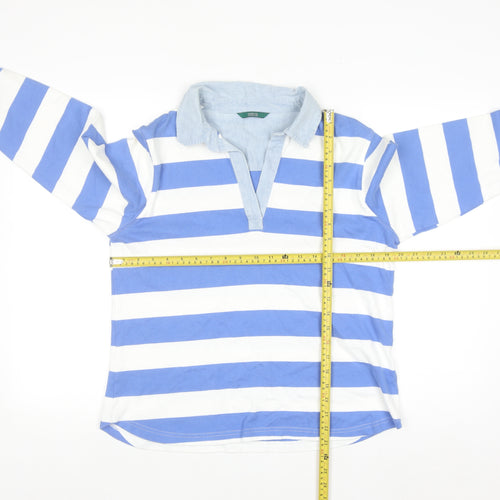 Marks and Spencer Women's Blue Striped Cotton Long Sleeve Polo Shirt Size 14