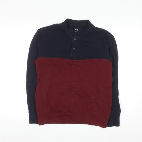 Uniqlo Men's Blue and Red Henley Sweatshirt Size S