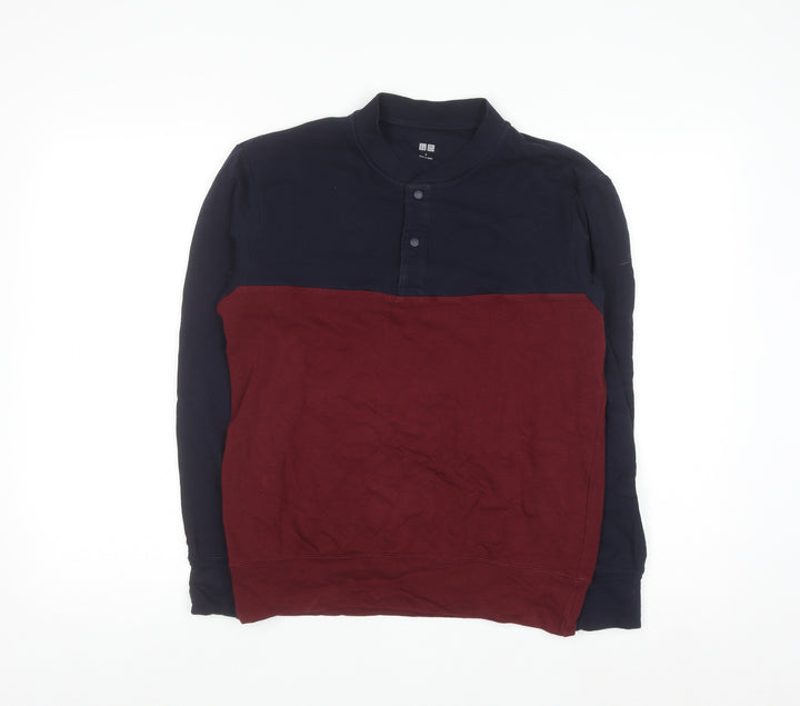 Uniqlo Men's Blue and Red Henley Sweatshirt Size S