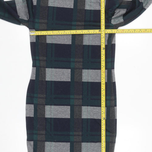 River Island Women's Green Check Long Sleeve Bodycon Dress Size 12
