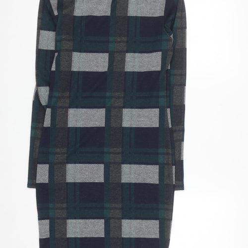 River Island Women's Green Check Long Sleeve Bodycon Dress Size 12